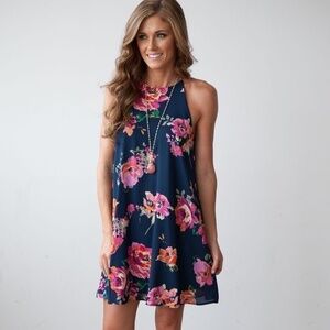 Anthropologie Everly Floral Navy Blue Mini Swing Dress